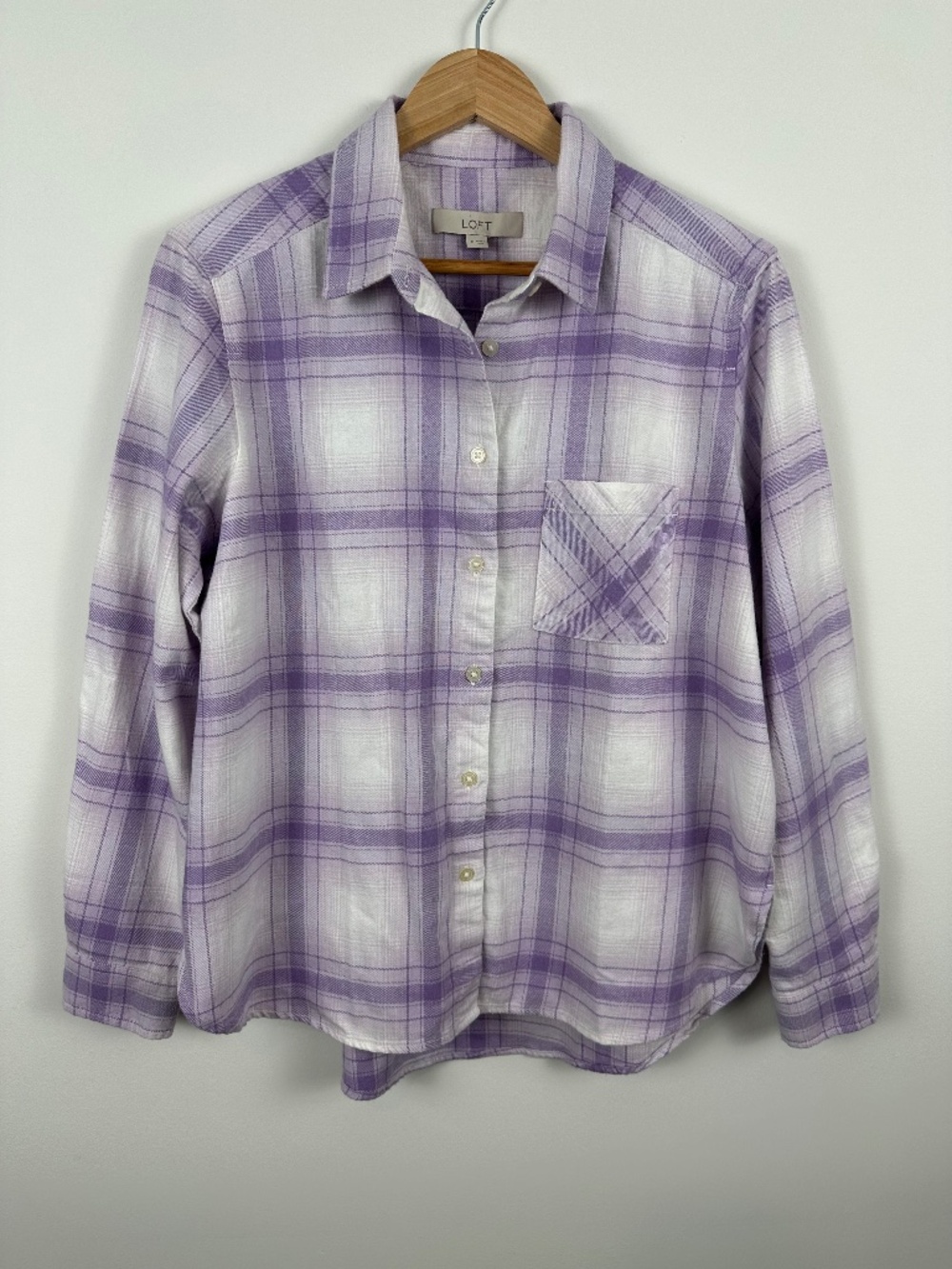 LOFT NWT 100% Cotton Flannel Lavender Plaid Button Down Shirt Medium